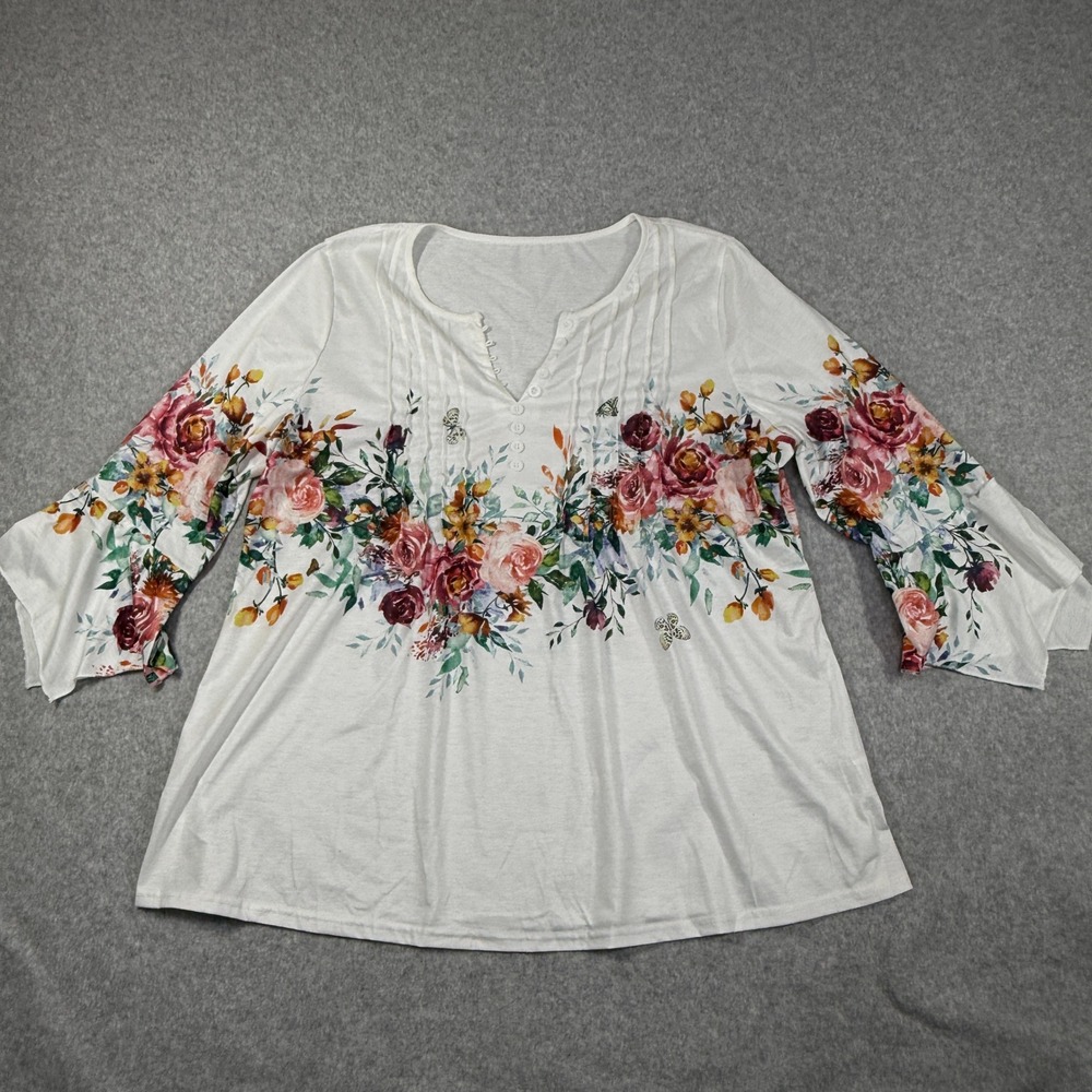 Floral Butterfly Henley Top Womens XXL White Bell Sleeve Unbranded